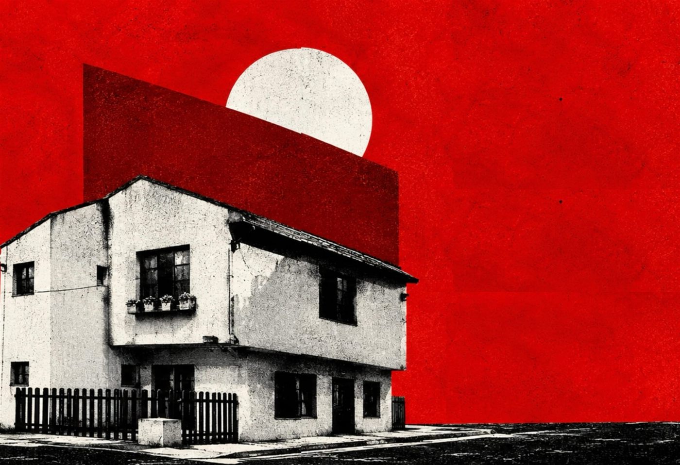 Casa en blanco y negro sobre campo rojo, con un sol blanco: la pieza de la campaña de apertura de Micro Cine Molina